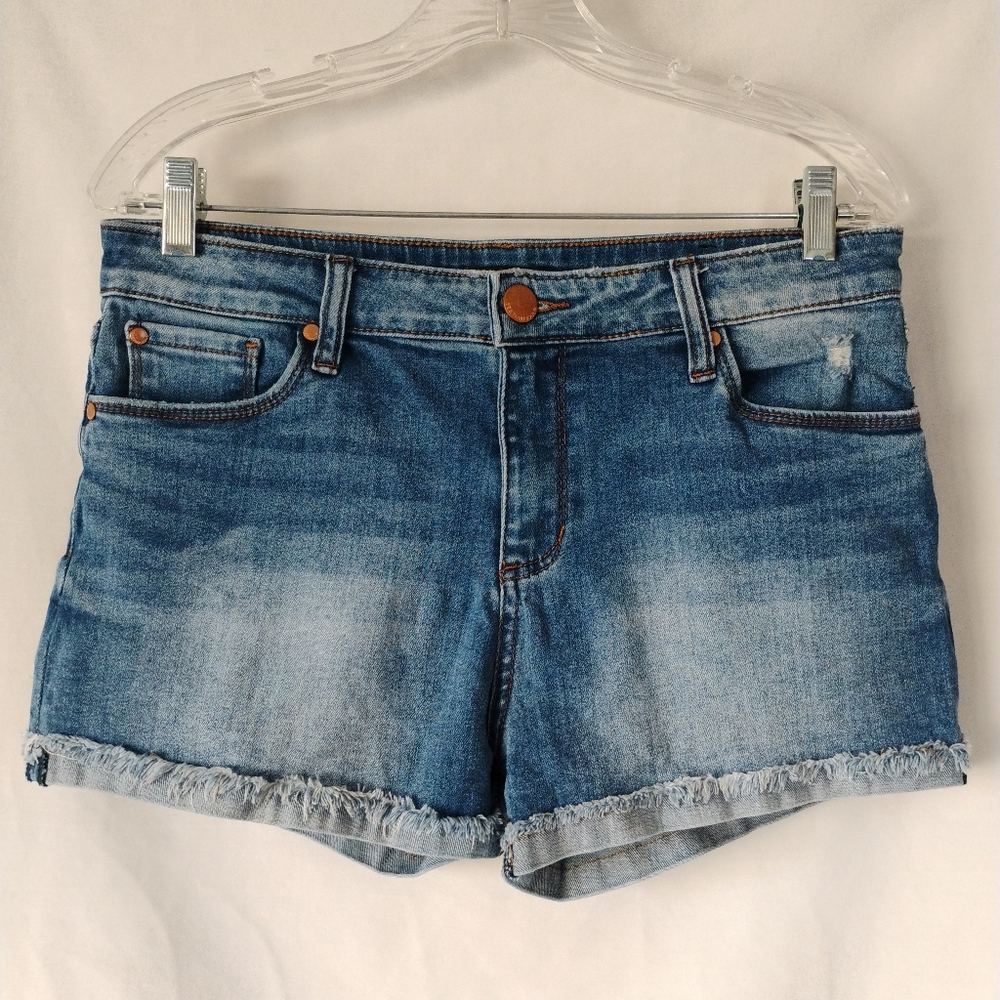 Women's Size 29 Blue High Rise Boyfriend Jean Shorts Faded Cuffed Fringe Jorts